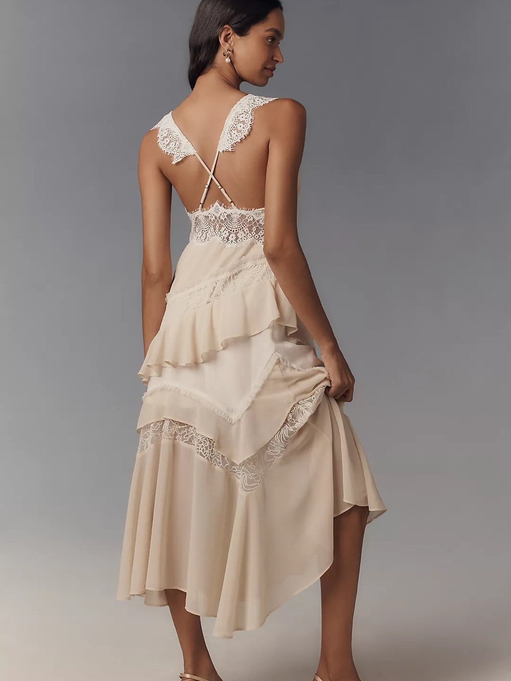 By Anthropologie Sleeveless Keyhole Tiered Lace Midi Dress - Picture 3 of 6